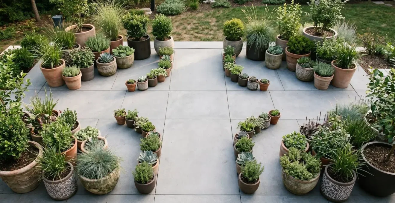 Elevated view of patio showing container groupings in corners with clear central pathways demonstrating negative space design principle