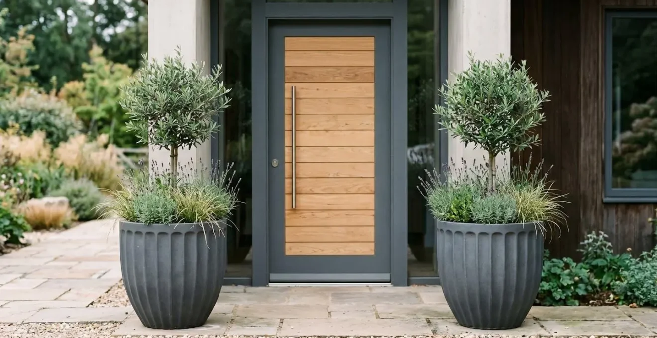 Architectural view showing proportional planter placement flanking a modern front entrance with balanced visual weight