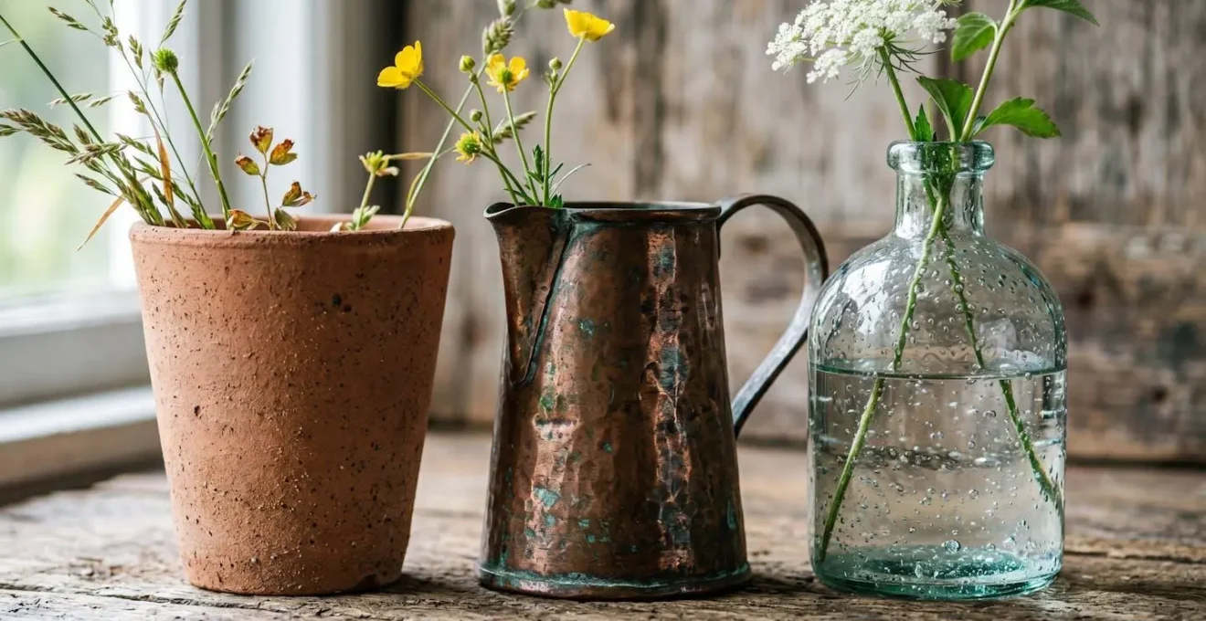 Close-up arrangement of three distinct textured vessels showcasing matte ceramic, reflective copper, and transparent glass in curated rustic styling