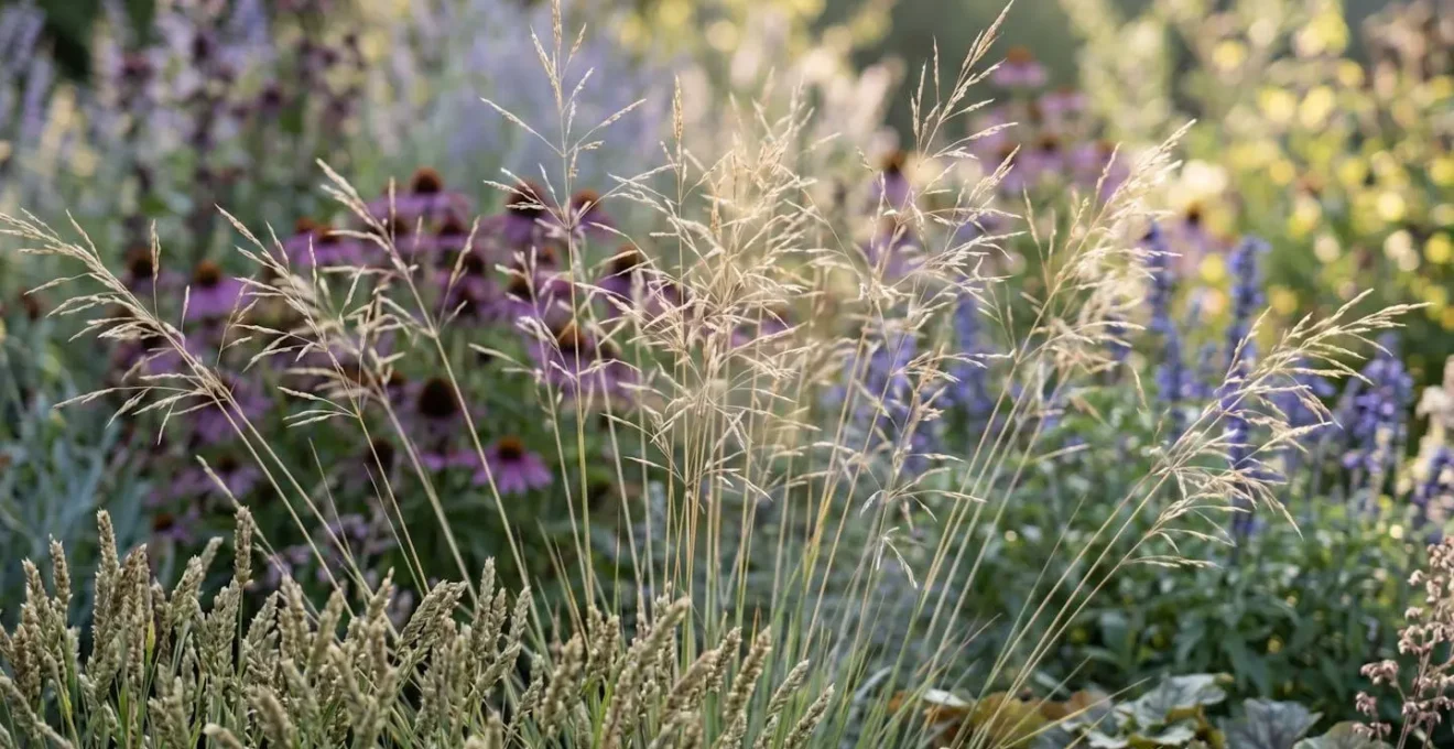 Semi-transparent ornamental grasses creating layered depth with plants visible through airy foliage in naturalistic garden design