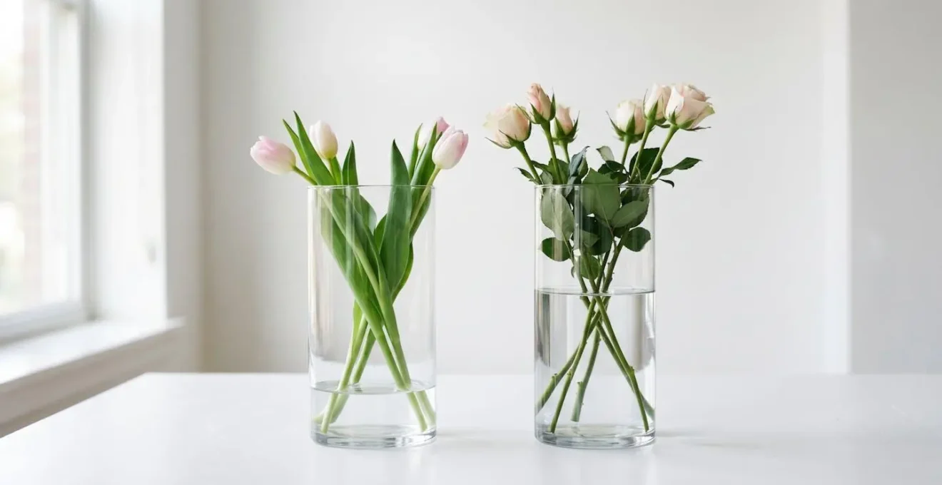 Environmental minimalist photograph contrasting two clear glass vases with different water levels showing optimal hydration for different flower types