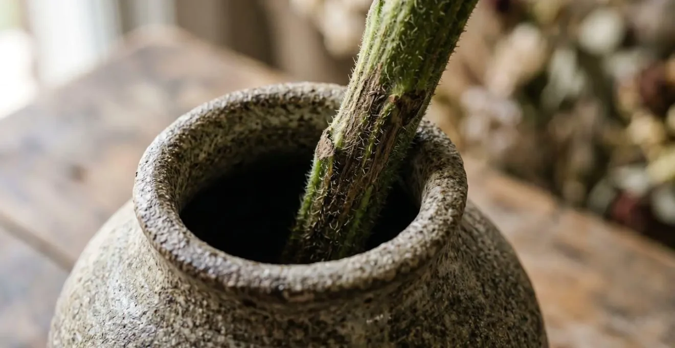 Close-up composition showing contrasting vase and stem volumes demonstrating proper scale relationships