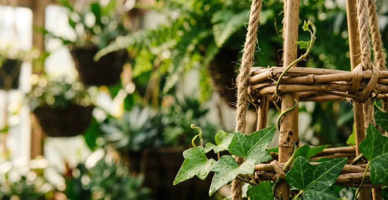 Multi-layered vertical balcony garden showcasing hanging baskets, mid-level railing planters, and climbing vines creating dimensional depth