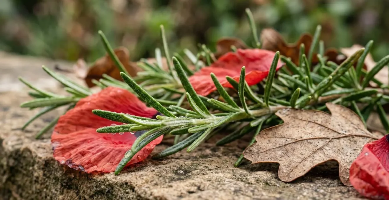 Close-up of rosemary sprigs and poppy petals arranged with oak leaves creating a textured veteran tribute