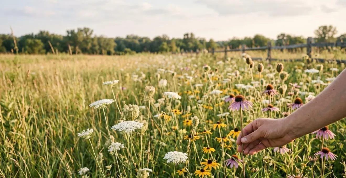 Wide environmental shot of wild meadow with native wildflowers and grasses in natural habitat showing ethical foraging context