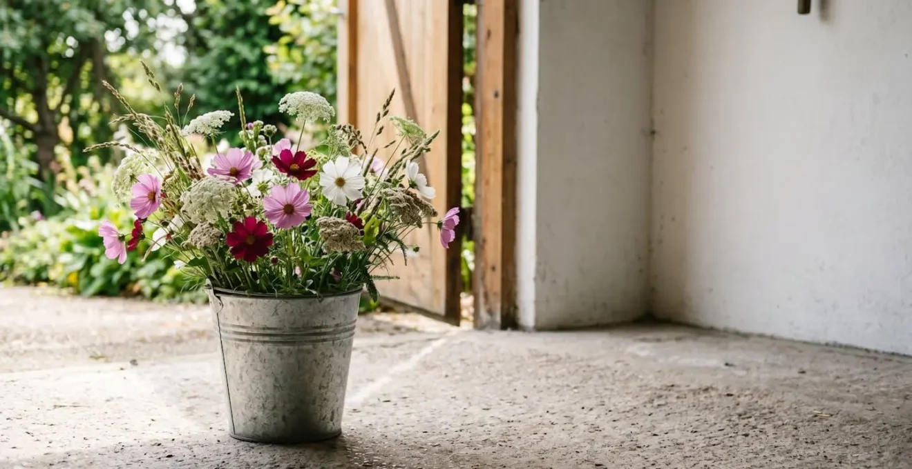 Freshly cut wildflowers resting in water bucket in shaded garage space with natural light streaming through open door