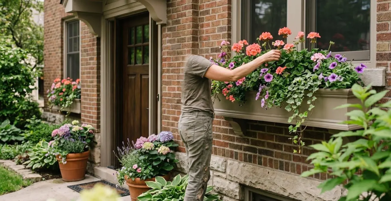 Charming home exterior featuring coordinated window boxes and front door planters creating vertical design continuity