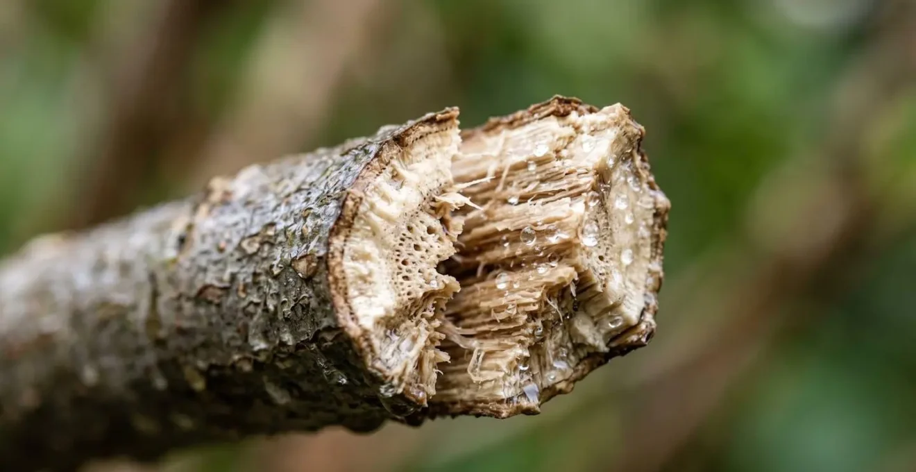 Macro close-up photograph showing the cross-section of a freshly split woody flower stem demonstrating increased surface area for water absorption