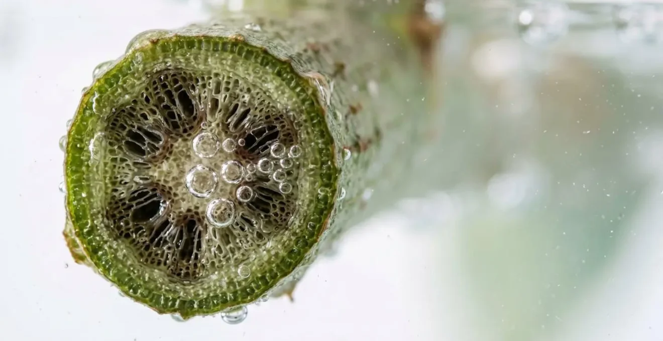 Close-up perspective showing water movement through flower stem structure