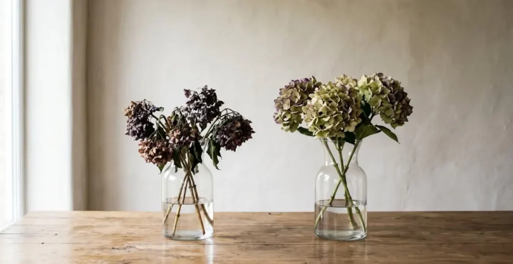 Environmental scene showing contrast between wilted and revived hydrangea blooms in peaceful setting