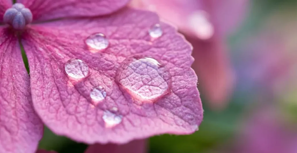 Macro detail of hydrangea petals with water droplets demonstrating unique water absorption capability